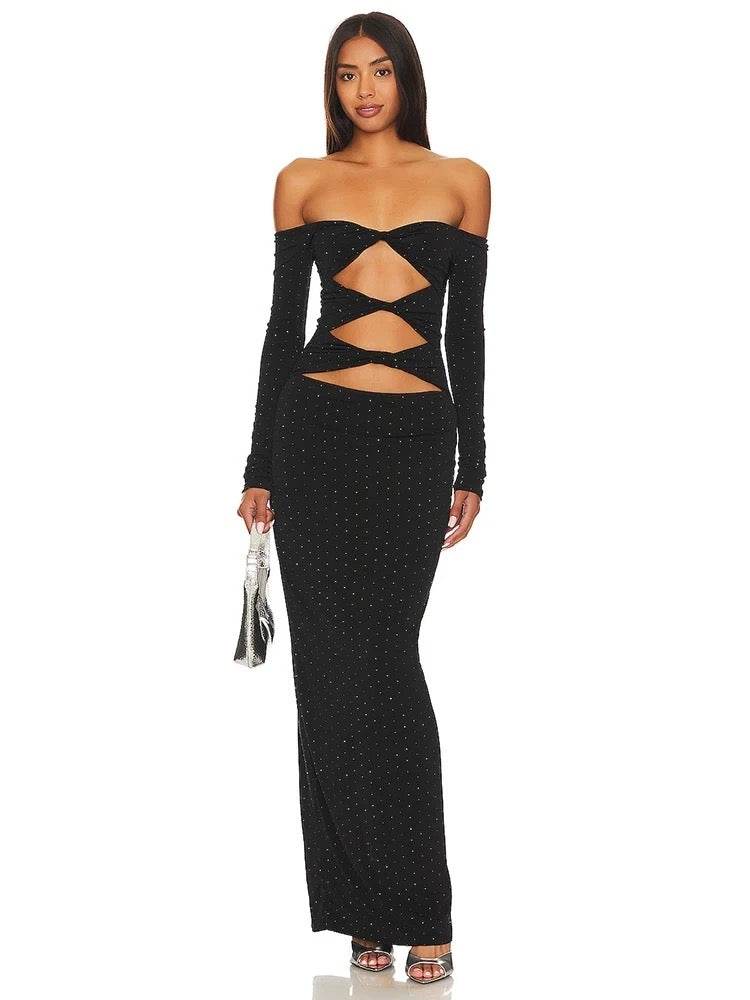Off The Shoulder Cutout Split Bodycon Dress - REBECATHELABEL