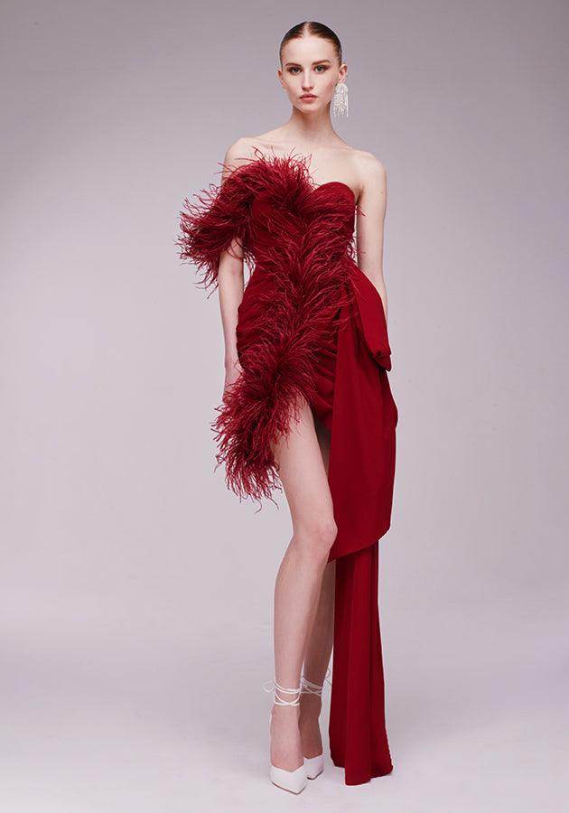 One Shoulder Draped Red Feather Mini Dress - REBECATHELABEL