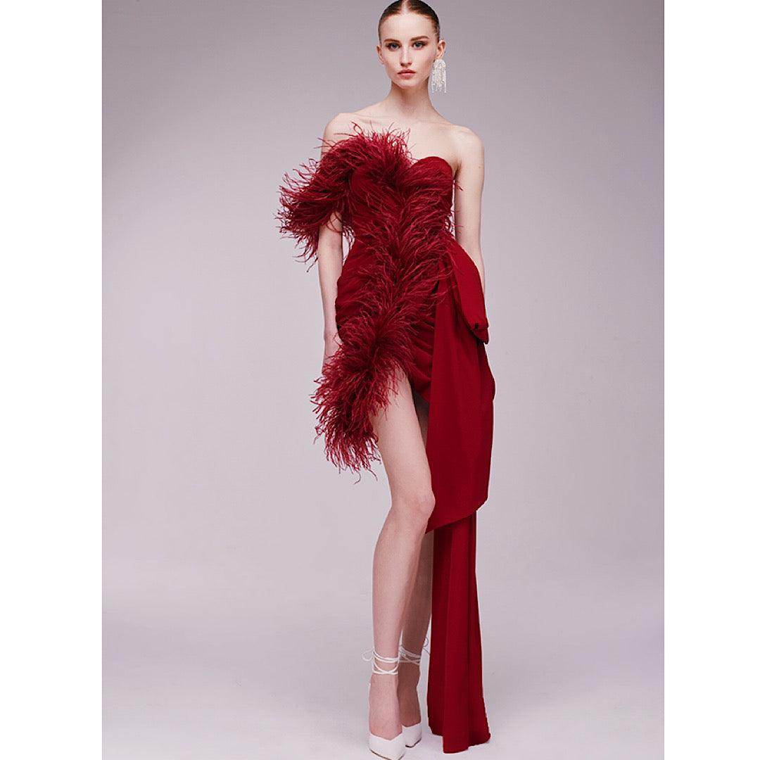 One Shoulder Draped Red Feather Mini Dress - REBECATHELABEL