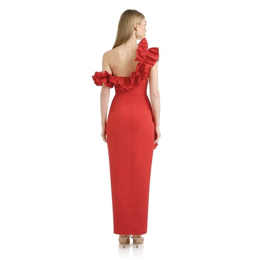 One Shoulder Flower Red Black Ruffle Edge Maxi Long Tight Bandage Dress - REBECATHELABEL