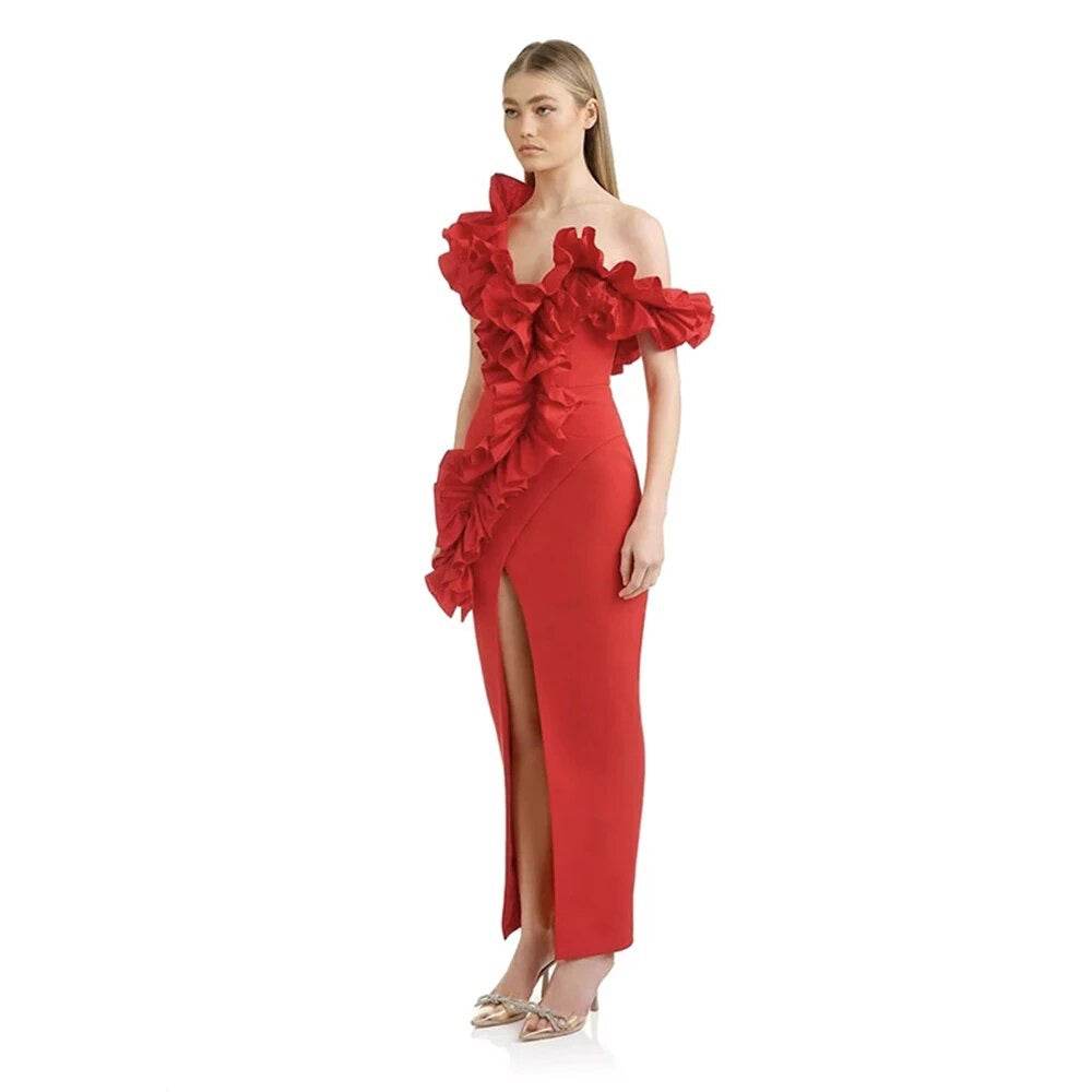 One Shoulder Flower Red Black Ruffle Edge Maxi Long Tight Bandage Dress - REBECATHELABEL