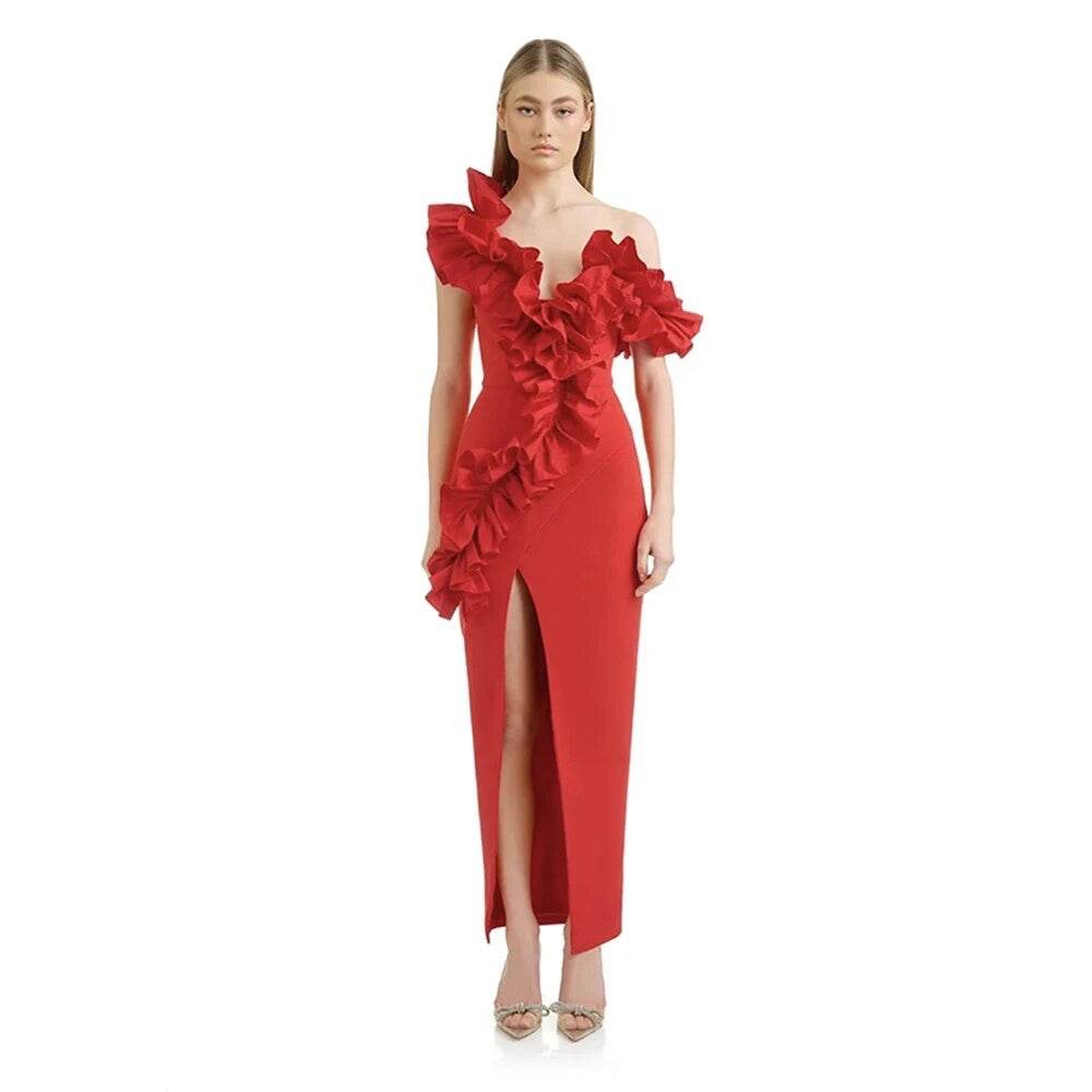One Shoulder Flower Red Black Ruffle Edge Maxi Long Tight Bandage Dress - REBECATHELABEL