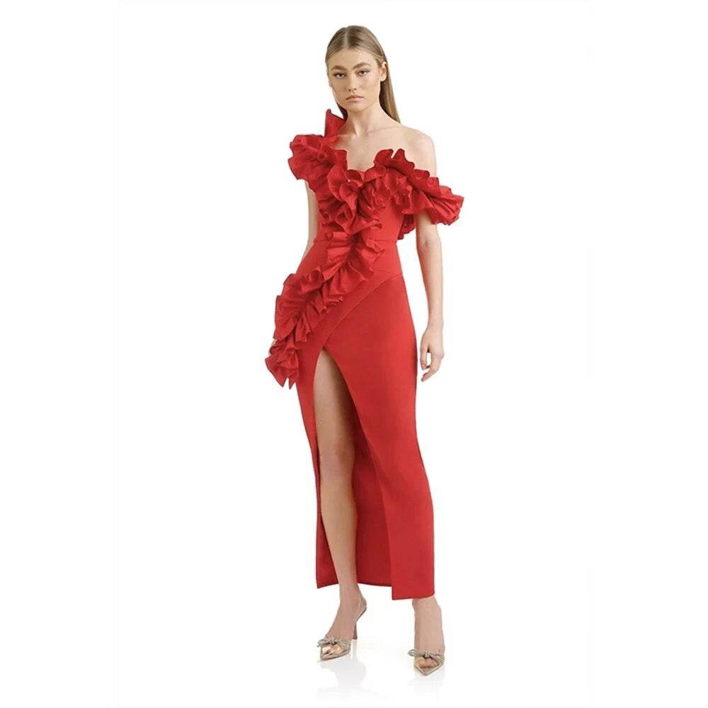 One Shoulder Flower Red Black Ruffle Edge Maxi Long Tight Bandage Dress - REBECATHELABEL
