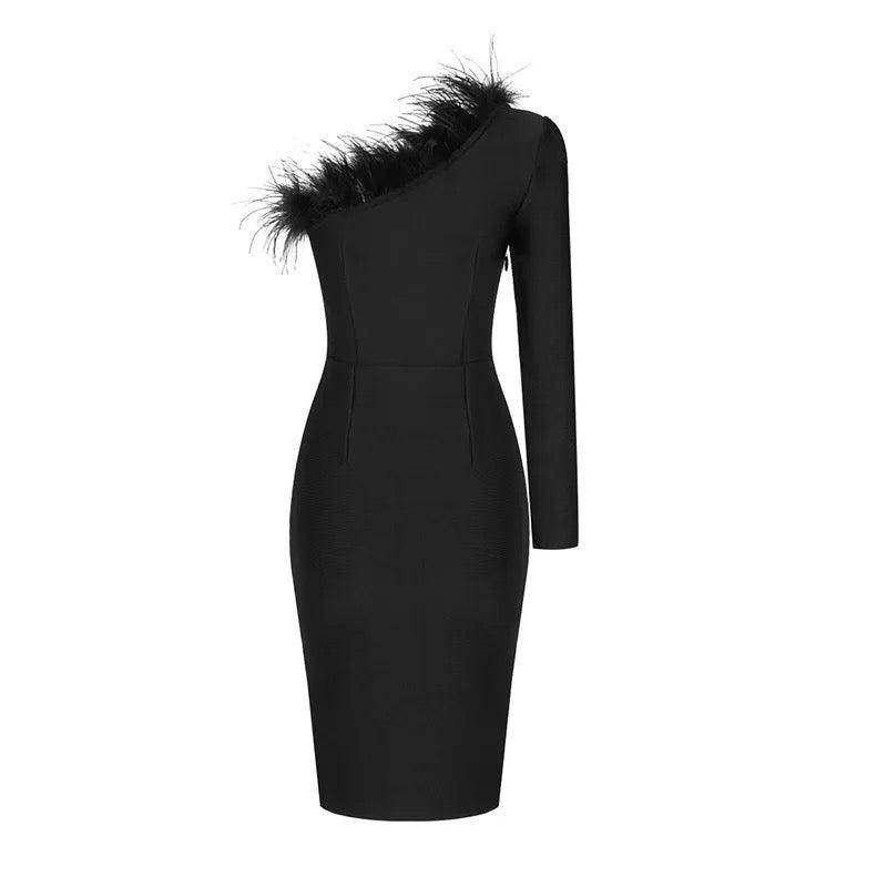 One-Shoulder Long Sleeve Feather Slits Dress - REBECATHELABEL