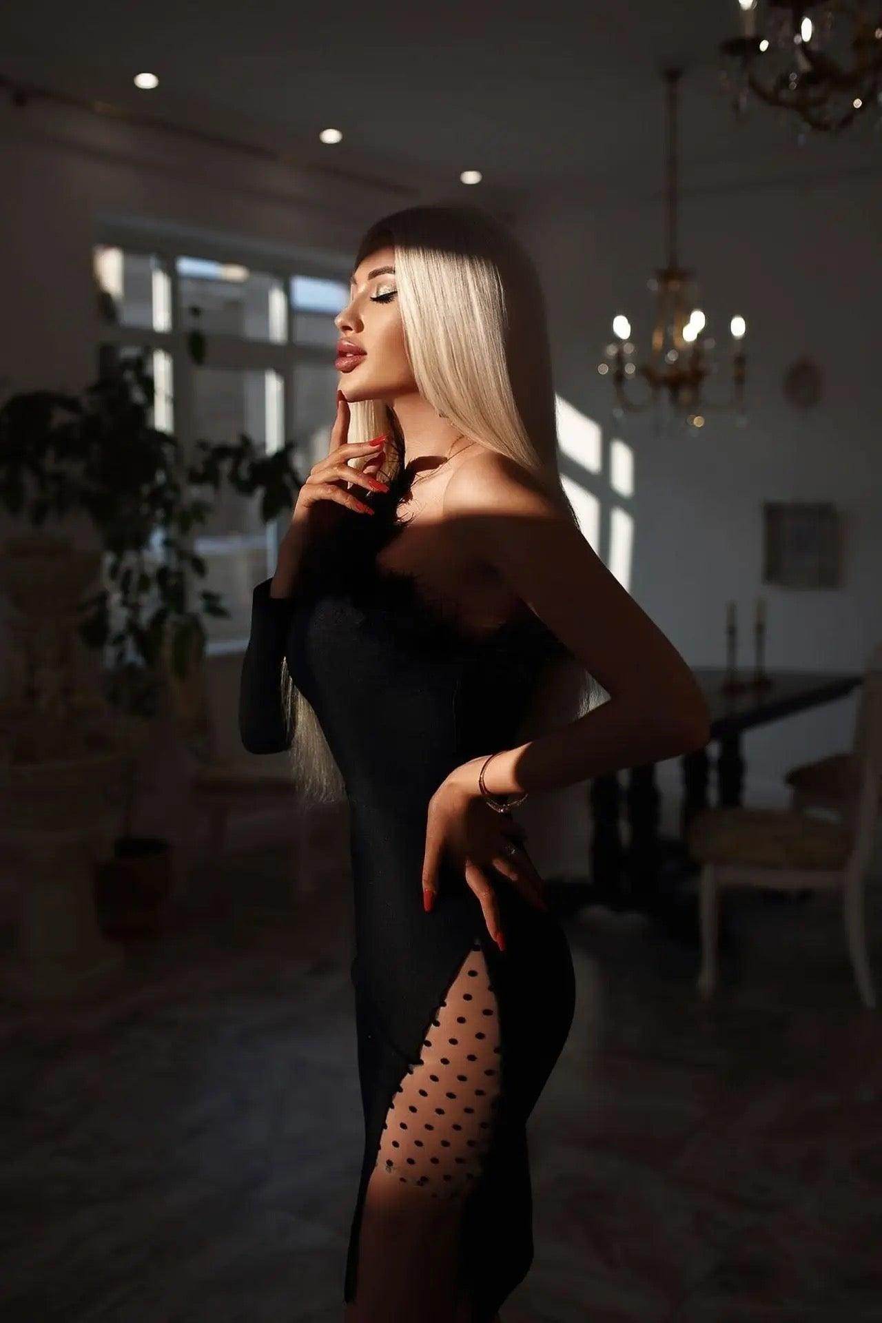 One-Shoulder Long Sleeve Feather Slits Dress - REBECATHELABEL