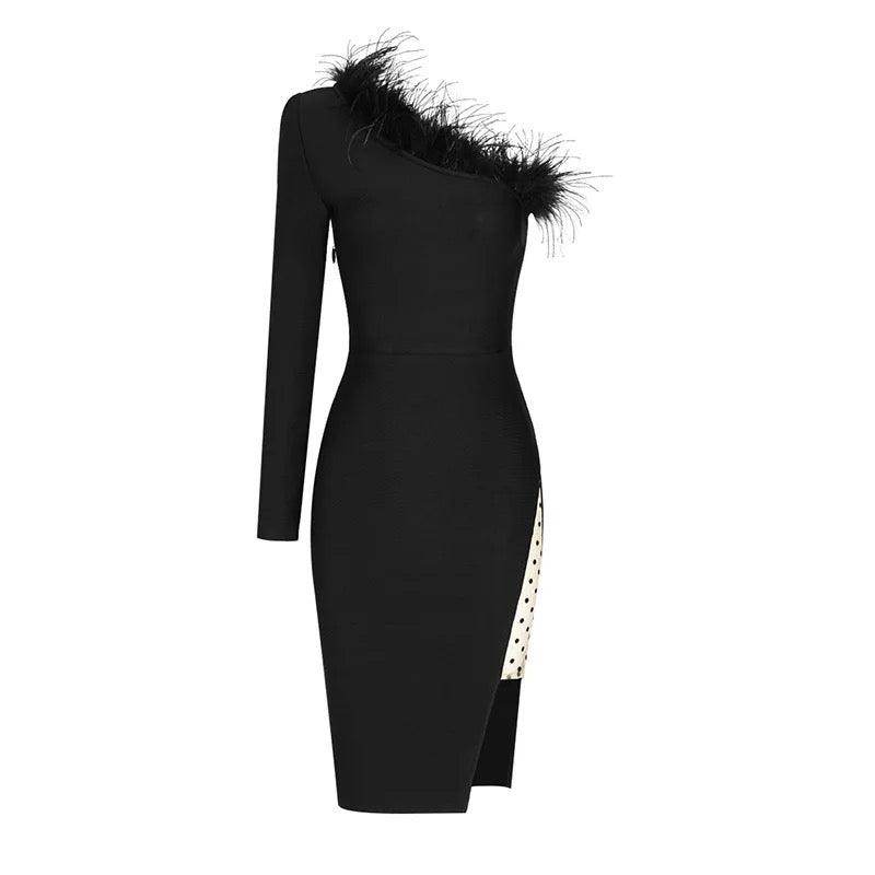 One-Shoulder Long Sleeve Feather Slits Dress - REBECATHELABEL