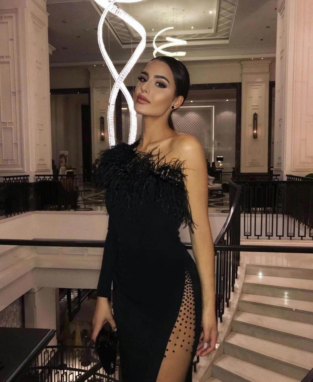 One-Shoulder Long Sleeve Feather Slits Dress - REBECATHELABEL