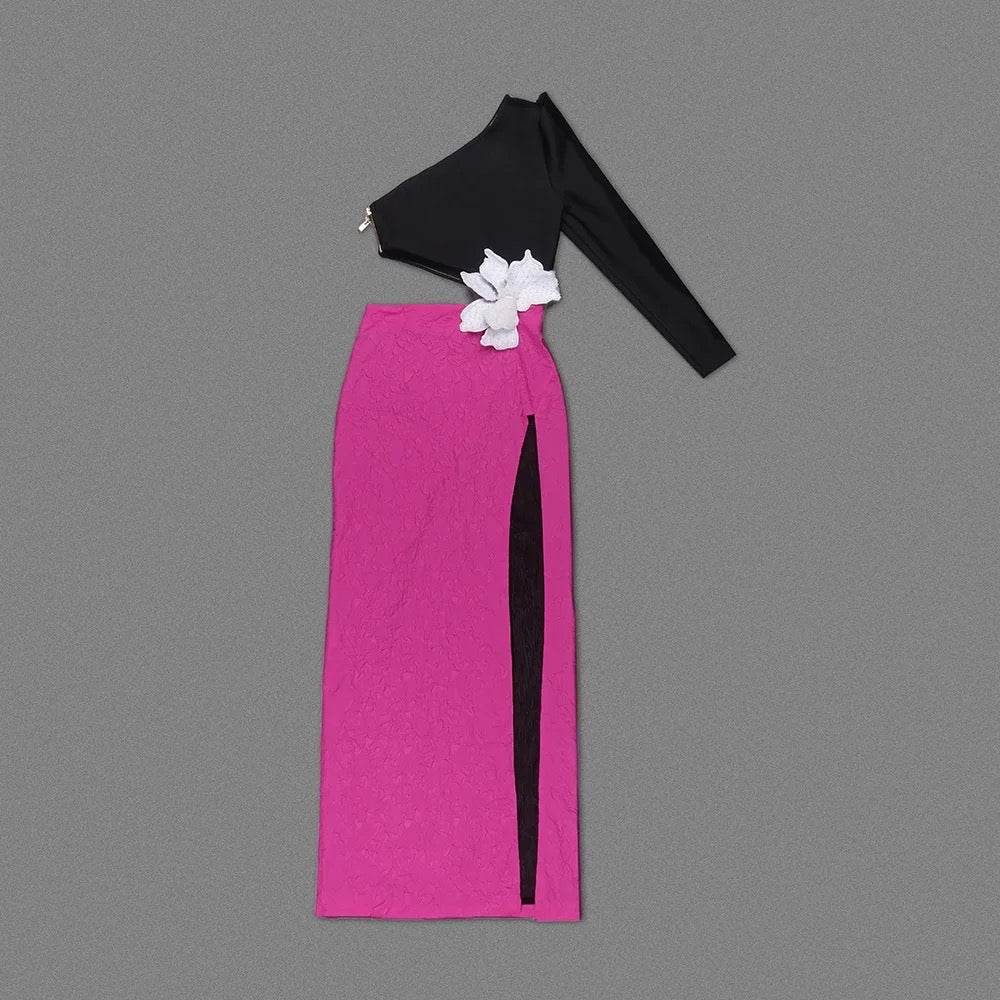 One Shoulder Long Sleeve Hollow Large Flower Long Cut Dress - REBECATHELABEL