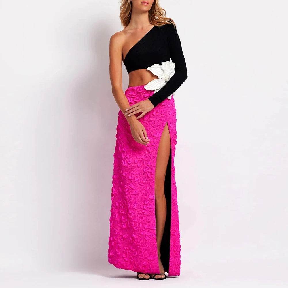 One Shoulder Long Sleeve Hollow Large Flower Long Cut Dress - REBECATHELABEL