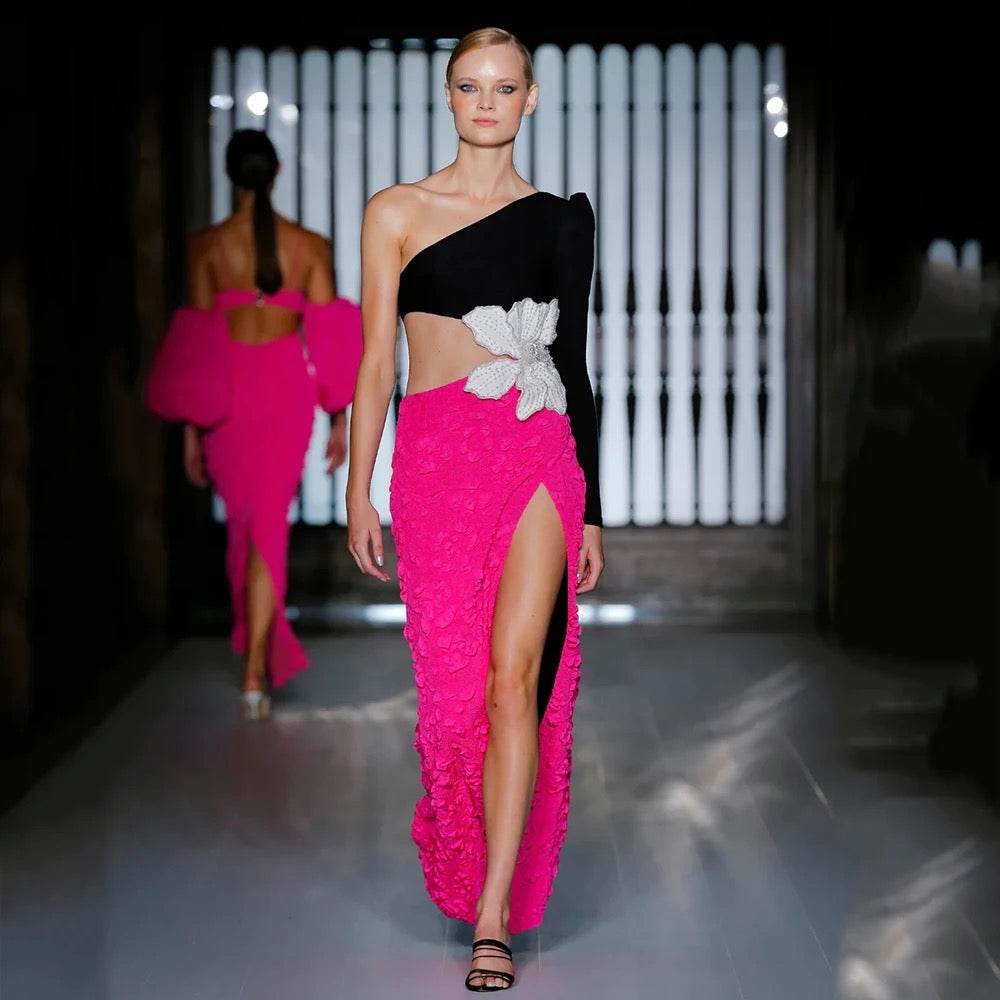 One Shoulder Long Sleeve Hollow Large Flower Long Cut Dress - REBECATHELABEL