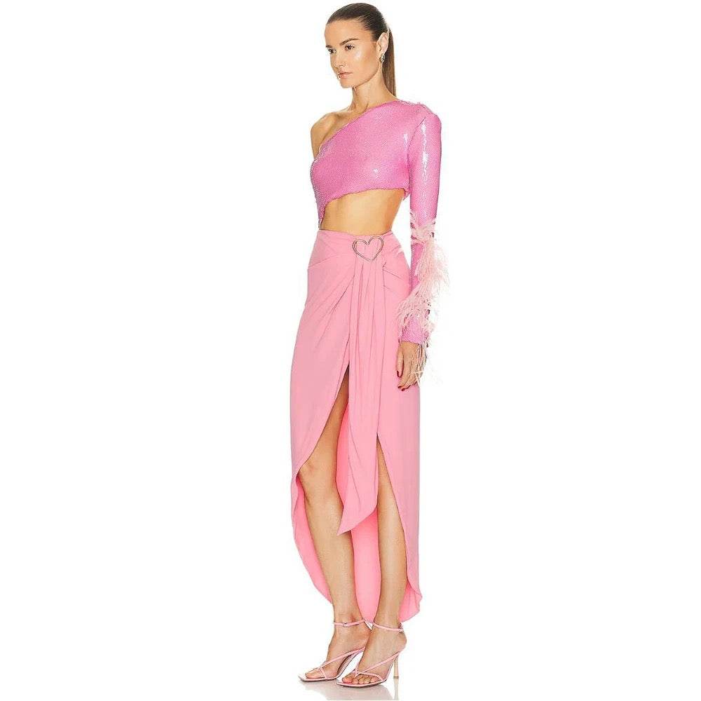 One Shoulder Long Sleeve Hollow out Sequins Long Split Dress - REBECATHELABEL