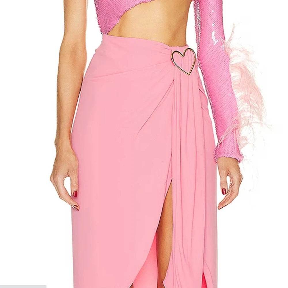 One Shoulder Long Sleeve Hollow out Sequins Long Split Dress - REBECATHELABEL