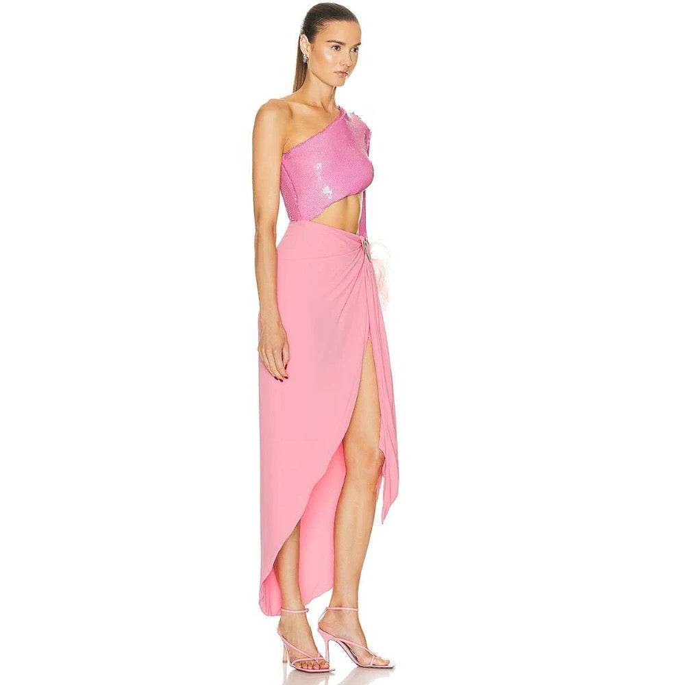 One Shoulder Long Sleeve Hollow out Sequins Long Split Dress - REBECATHELABEL