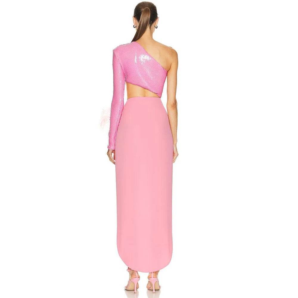 One Shoulder Long Sleeve Hollow out Sequins Long Split Dress - REBECATHELABEL