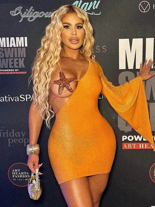 One Shoulder Long Sleeve Sequin Starfish Tight Mini Bandage Dress - REBECATHELABEL