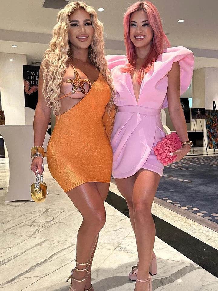 One Shoulder Long Sleeve Sequin Starfish Tight Mini Bandage Dress - REBECATHELABEL