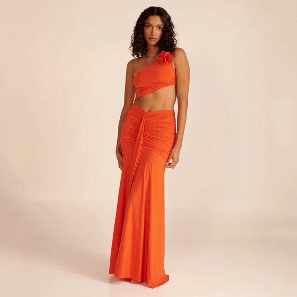 One Shoulder Pleated Hollow out Orange Long Dress - REBECATHELABEL
