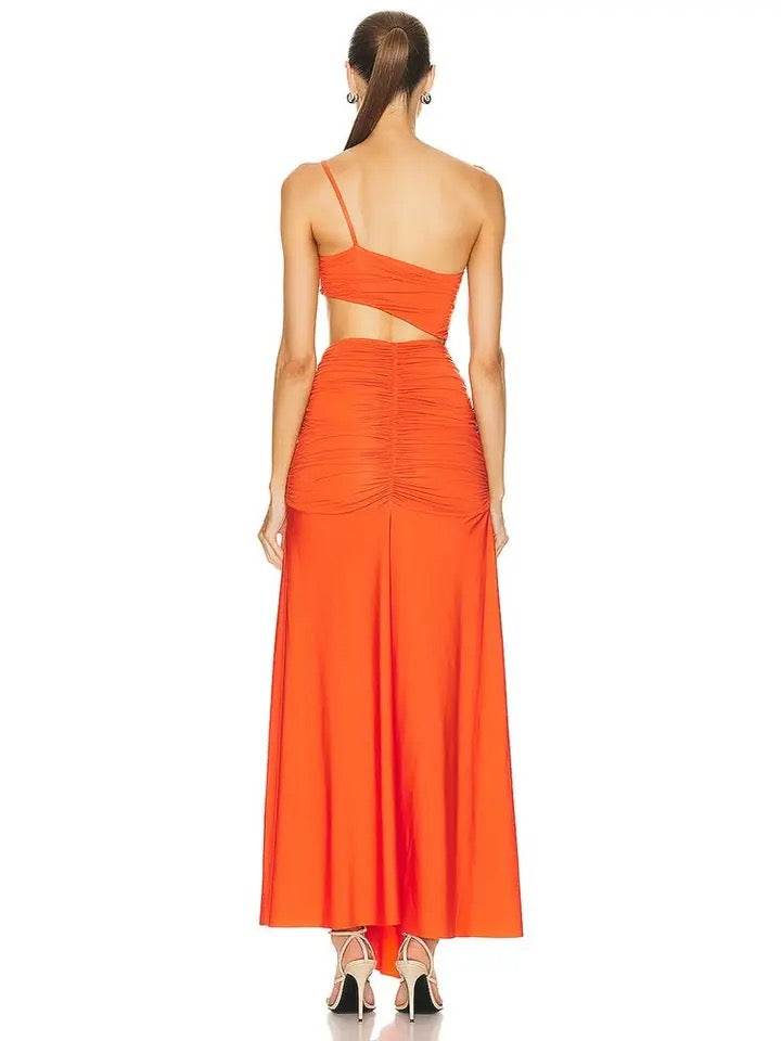 One Shoulder Pleated Hollow out Orange Long Dress - REBECATHELABEL