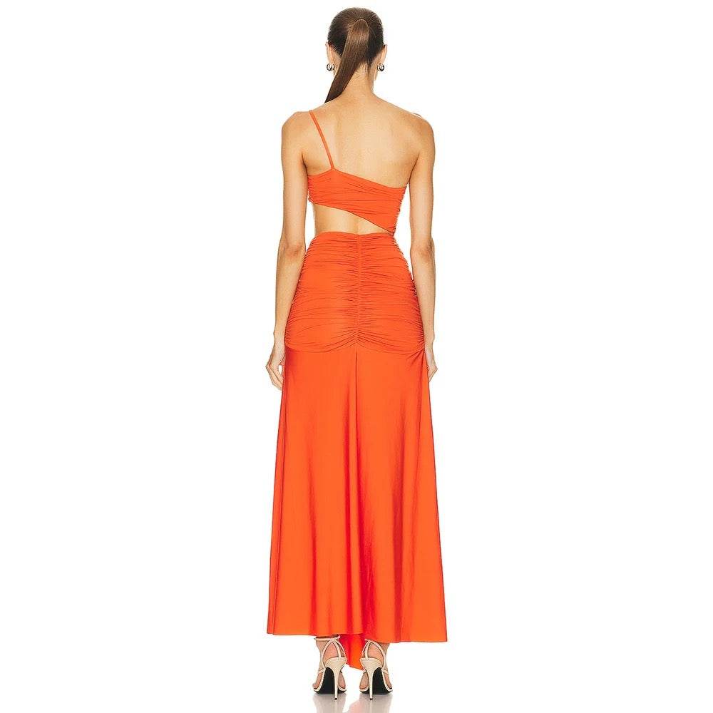 One Shoulder Pleated Hollow out Orange Long Dress - REBECATHELABEL
