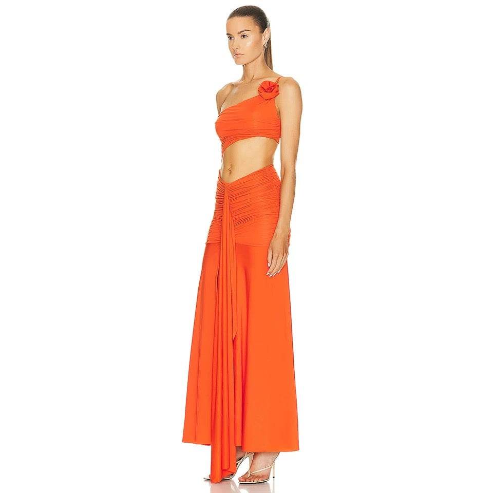 One Shoulder Pleated Hollow out Orange Long Dress - REBECATHELABEL