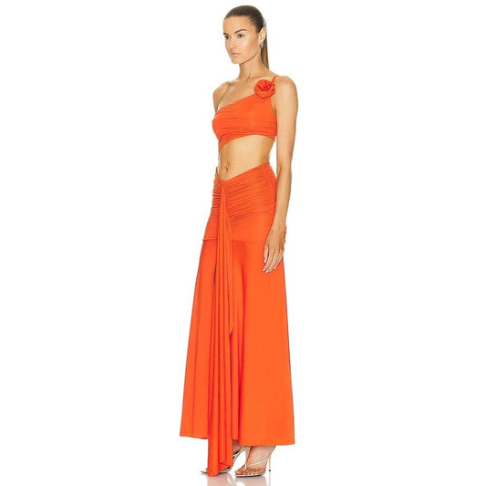 One Shoulder Pleated Hollow out Orange Long Dress - REBECATHELABEL