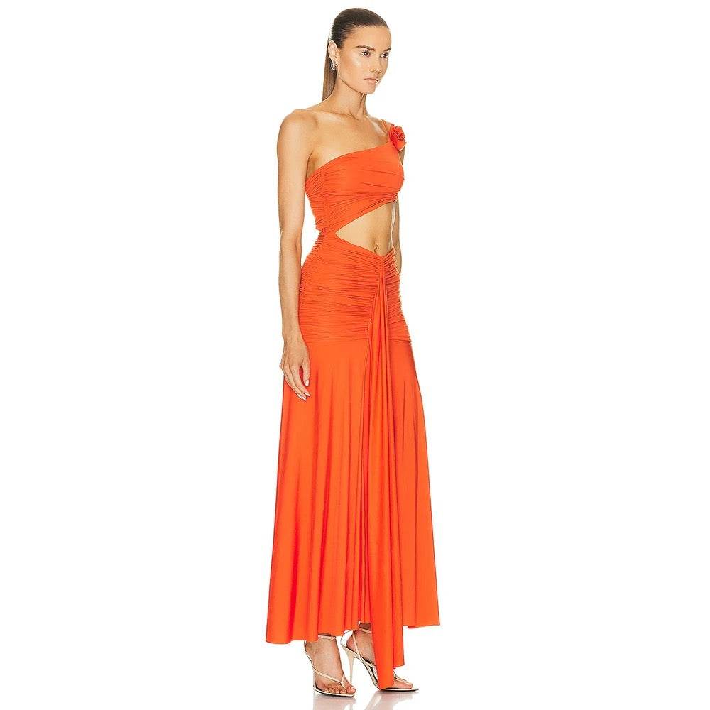 One Shoulder Pleated Hollow out Orange Long Dress - REBECATHELABEL