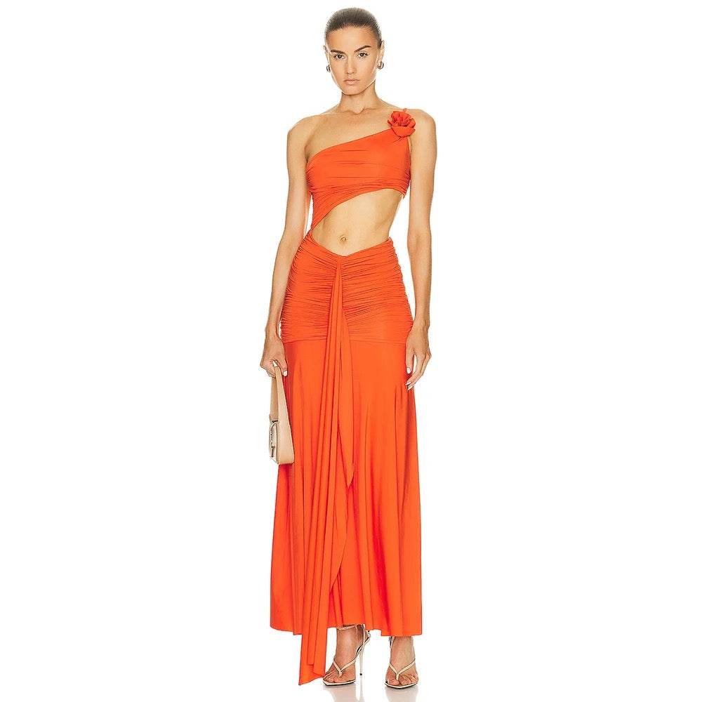 One Shoulder Pleated Hollow out Orange Long Dress - REBECATHELABEL