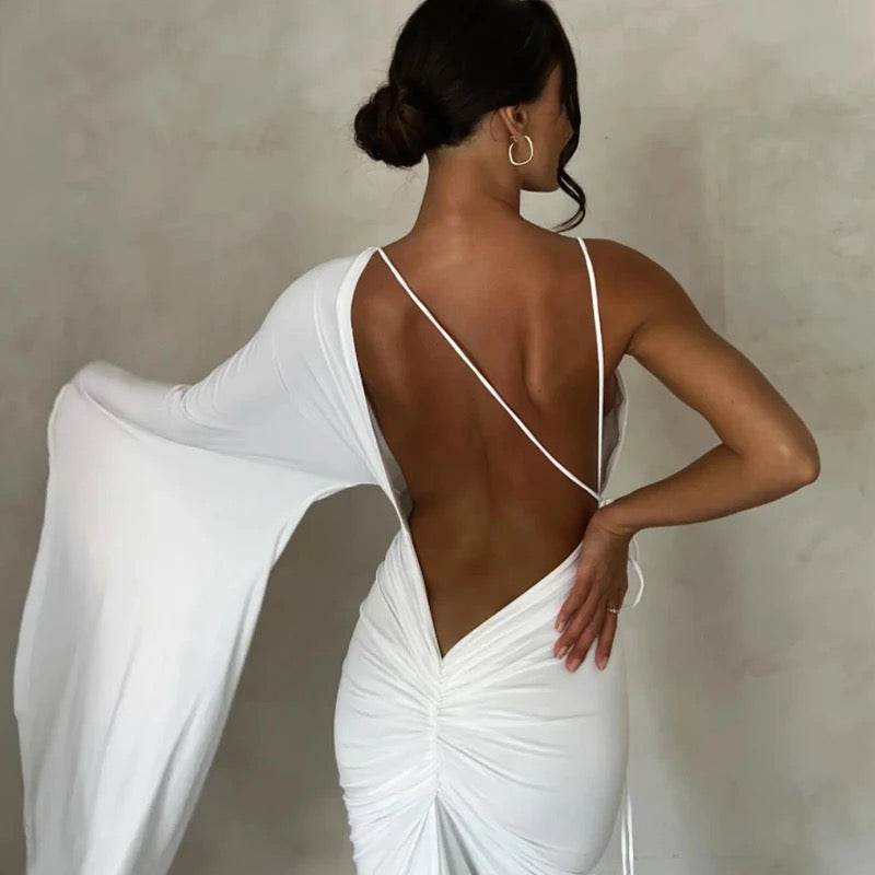 One Shoulder Sleeve Sexy Low Cut Backless Evening Dress - REBECATHELABEL