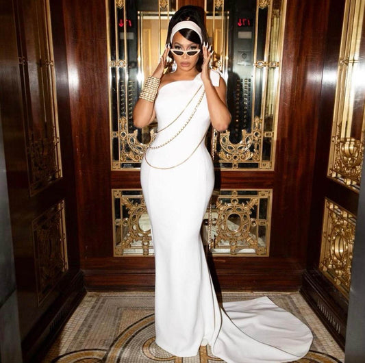 One Shoulder Sleeveless Chain Bow Maxi Long Dress - REBECATHELABEL