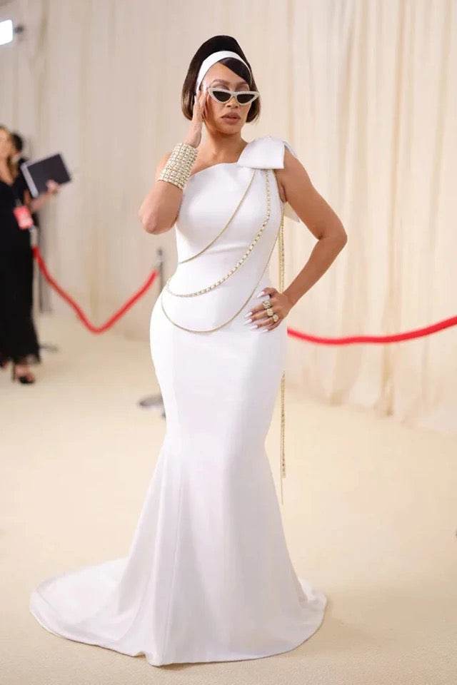 One Shoulder Sleeveless Chain Bow Maxi Long Dress - REBECATHELABEL