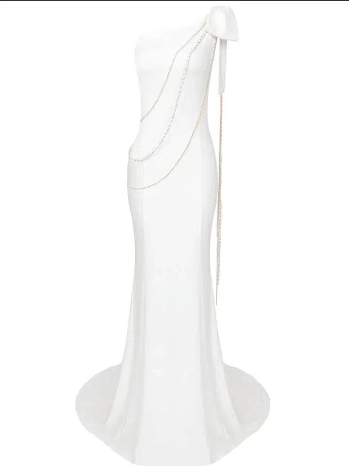 One Shoulder Sleeveless Chain Bow Maxi Long Dress - REBECATHELABEL