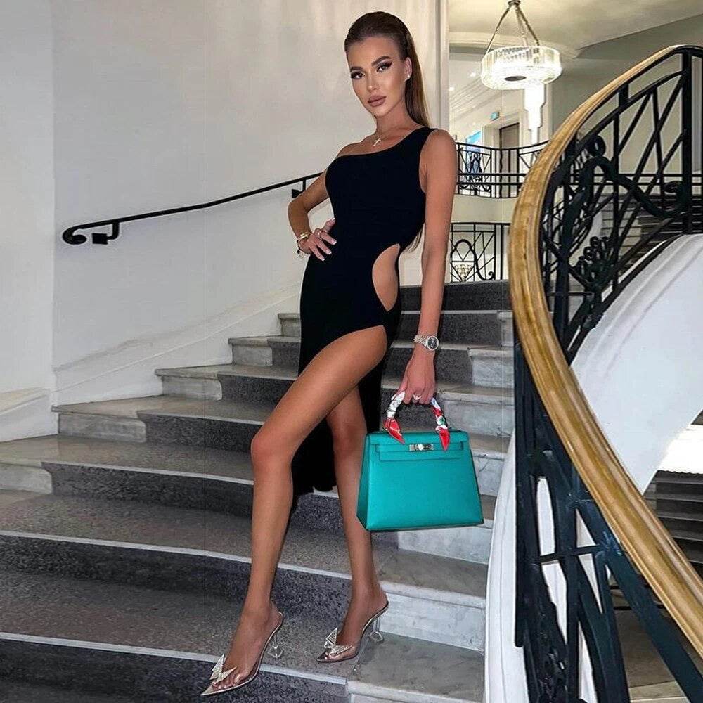 One Shoulder Sleeveless Hollow Tight Midi Bandage Dress - REBECATHELABEL