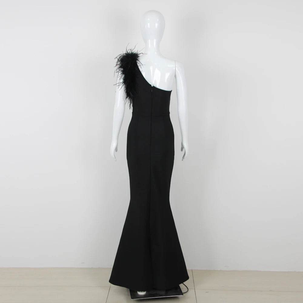 One Shoulder Sleeveless Luxury Feather Maxi Long Bandage Dress - REBECATHELABEL