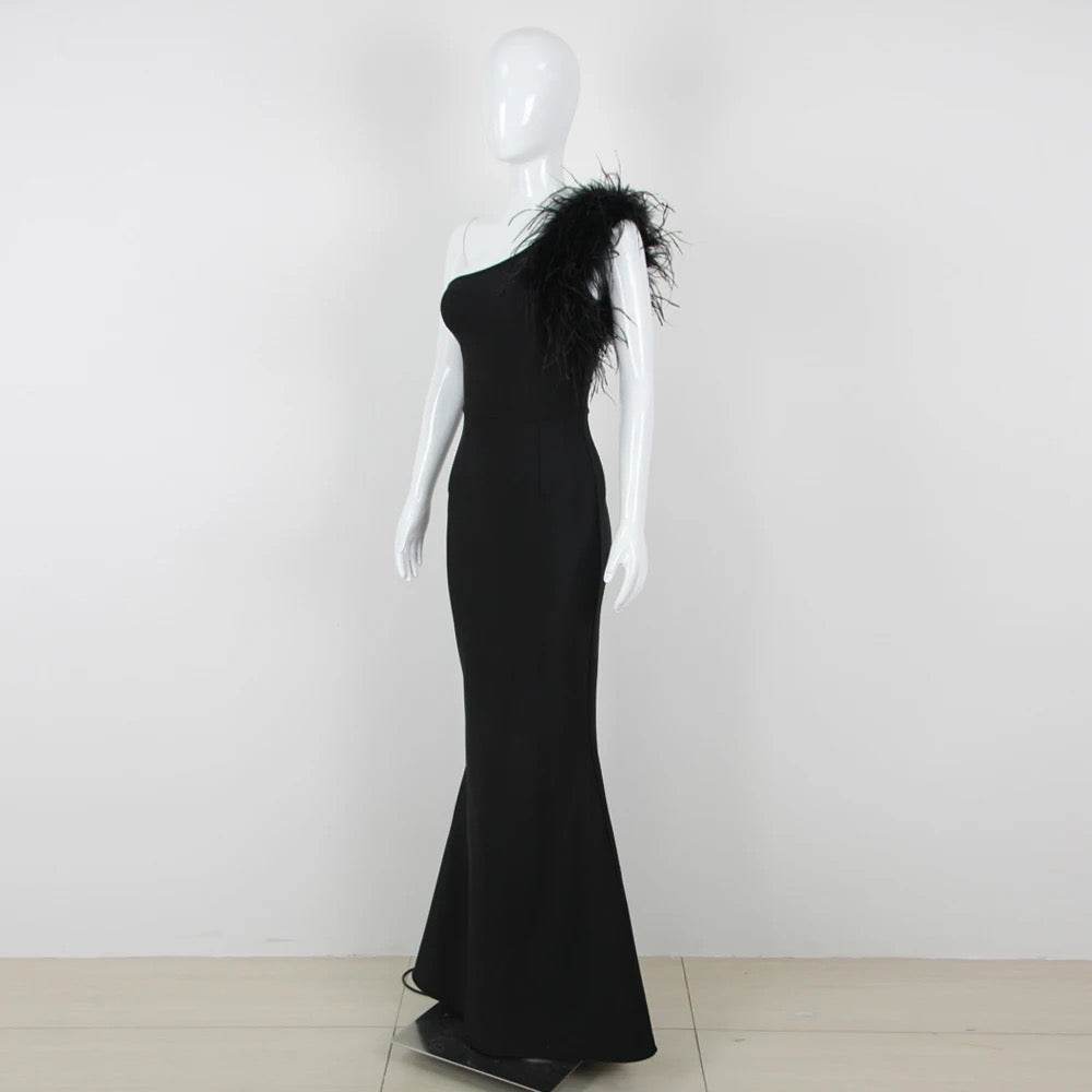 One Shoulder Sleeveless Luxury Feather Maxi Long Bandage Dress - REBECATHELABEL