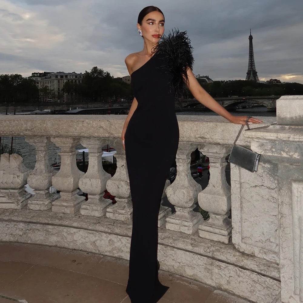One Shoulder Sleeveless Luxury Feather Maxi Long Bandage Dress - REBECATHELABEL