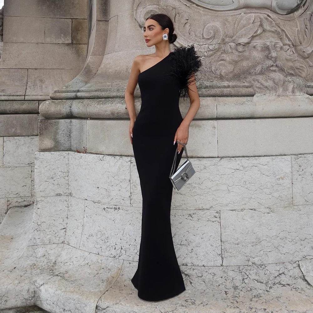 One Shoulder Sleeveless Luxury Feather Maxi Long Bandage Dress - REBECATHELABEL