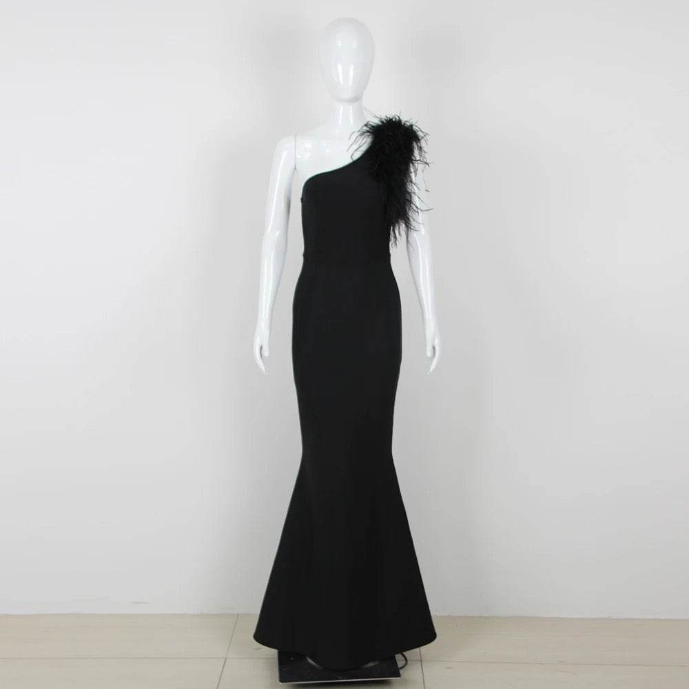 One Shoulder Sleeveless Luxury Feather Maxi Long Bandage Dress - REBECATHELABEL