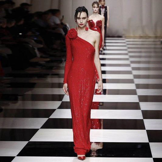 One Shoulder Sparkling Sequin Dress - REBECATHELABEL