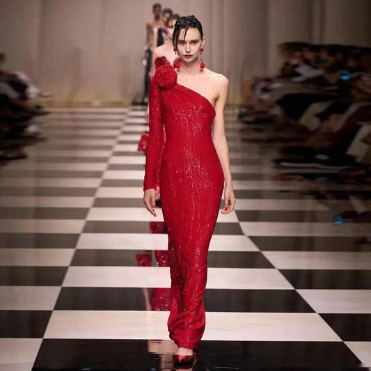 One Shoulder Sparkling Sequin Dress - REBECATHELABEL