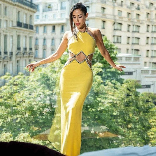 Open Back Hollow Beaded Diamond Maxi Long Bodycon Bandage Dress - REBECATHELABEL