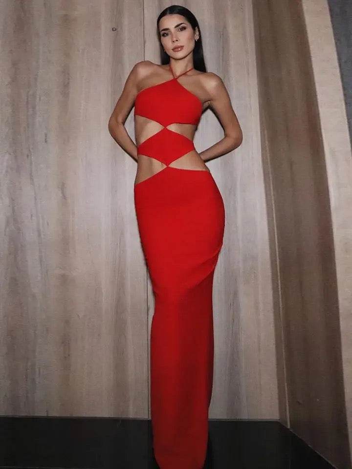 Open Back Red Hollow Red Maxi Long Bandage Dress - REBECATHELABEL