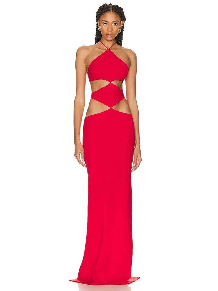 Open Back Red Hollow Red Maxi Long Bandage Dress - REBECATHELABEL