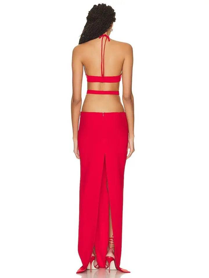 Open Back Red Hollow Red Maxi Long Bandage Dress - REBECATHELABEL