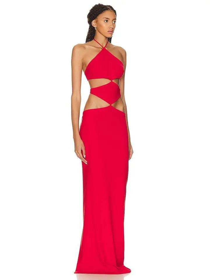 Open Back Red Hollow Red Maxi Long Bandage Dress - REBECATHELABEL