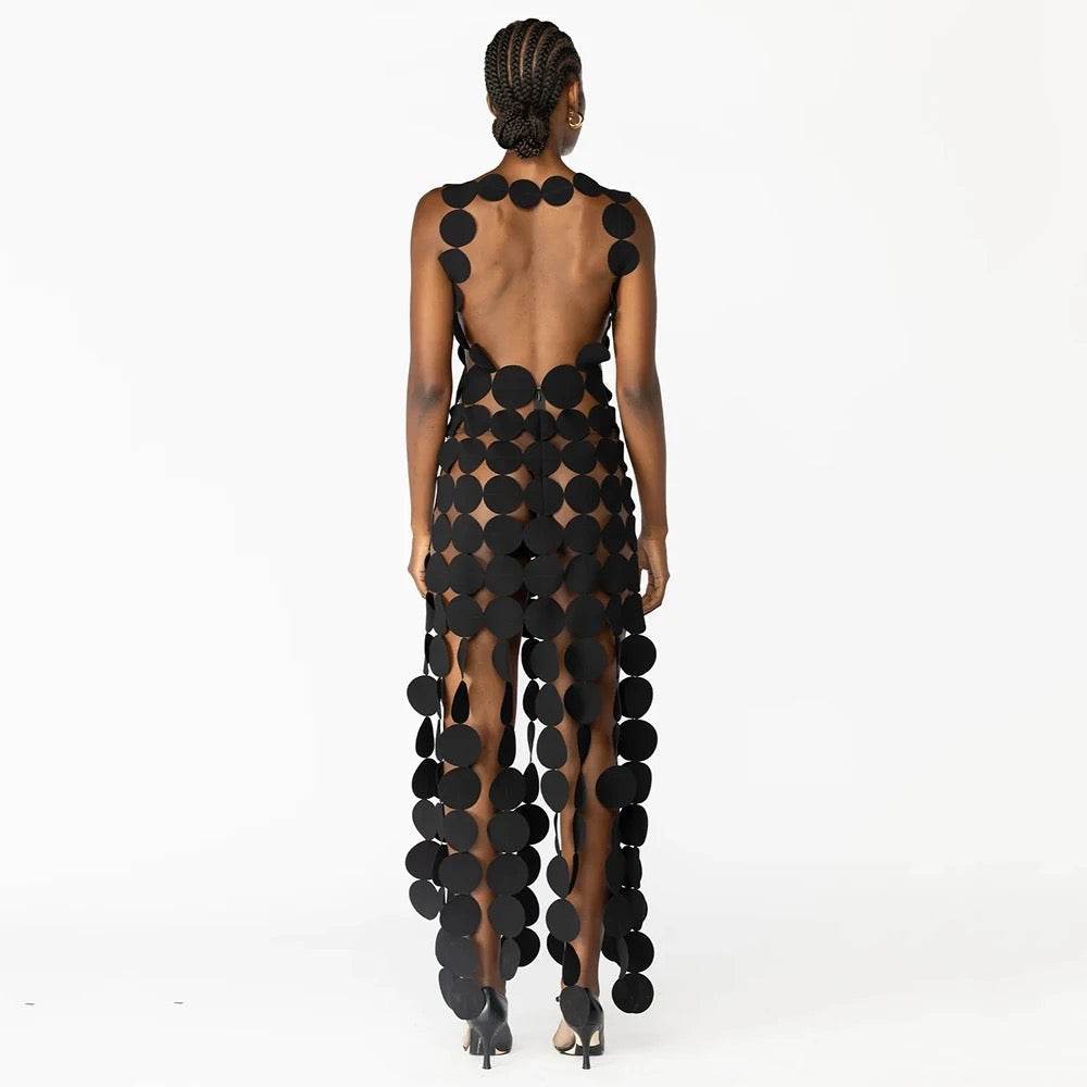 Open Back V-Neck Round Hollow Sleeveless Slim Fit Long Dress - REBECATHELABEL