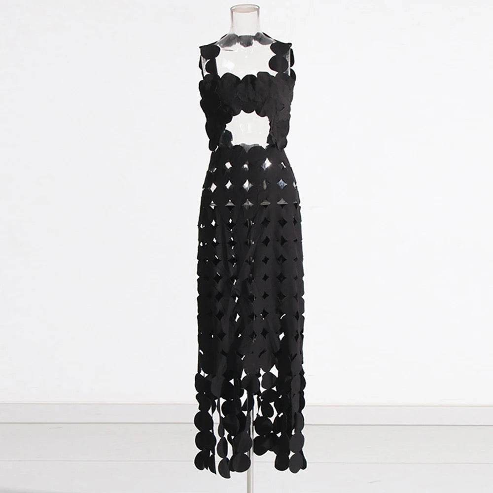 Open Back V-Neck Round Hollow Sleeveless Slim Fit Long Dress - REBECATHELABEL