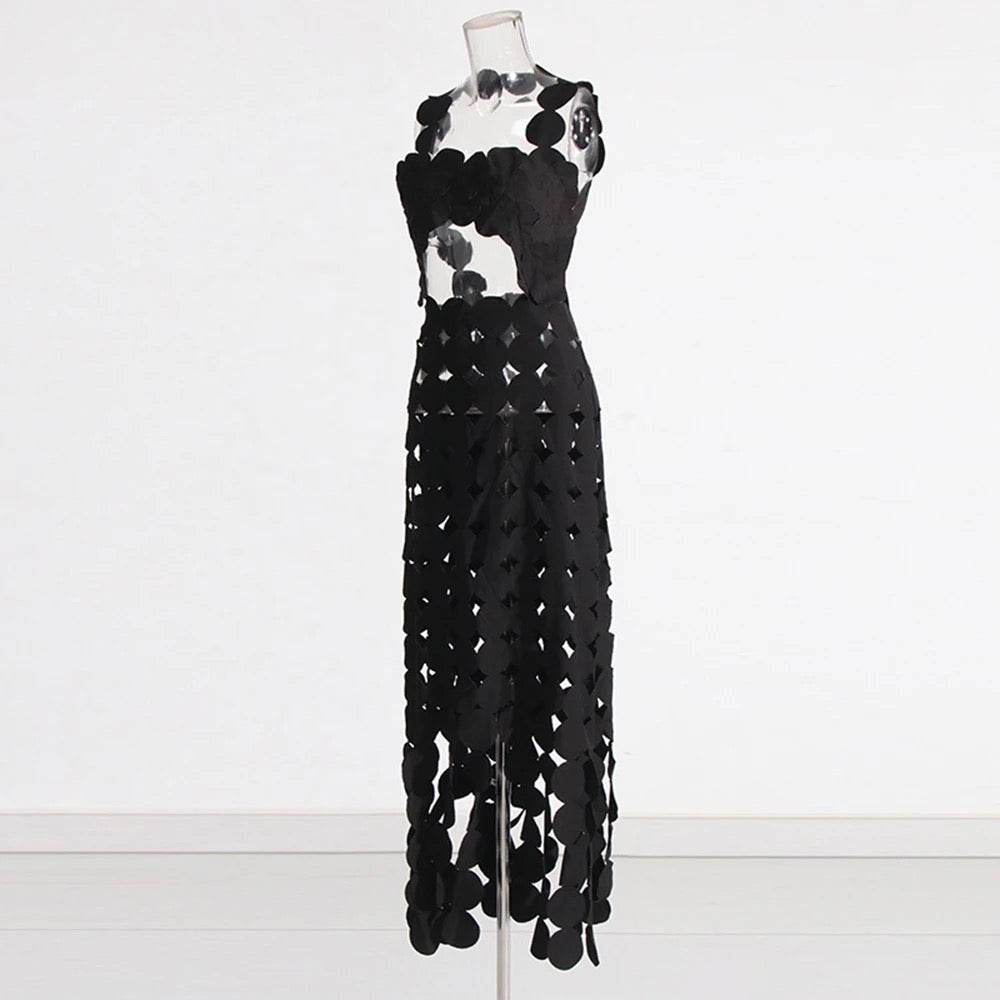 Open Back V-Neck Round Hollow Sleeveless Slim Fit Long Dress - REBECATHELABEL