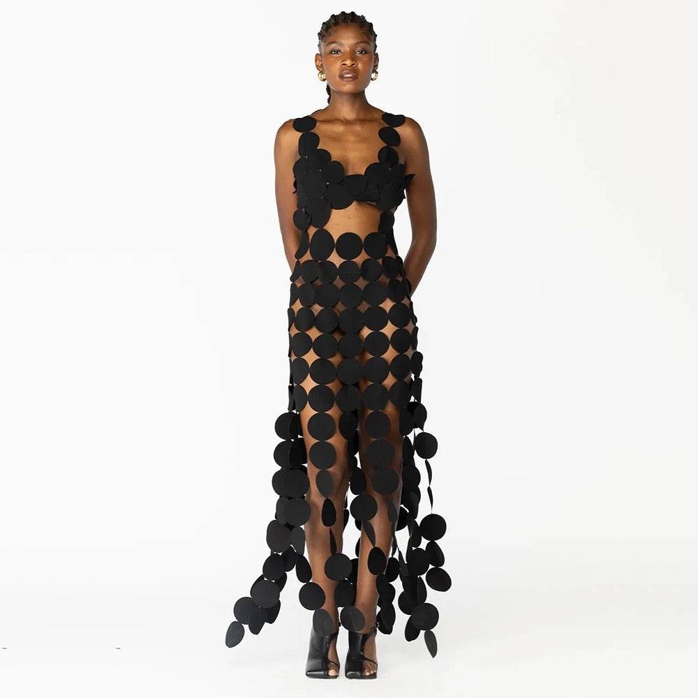 Open Back V-Neck Round Hollow Sleeveless Slim Fit Long Dress - REBECATHELABEL