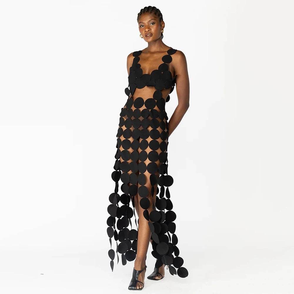 Open Back V-Neck Round Hollow Sleeveless Slim Fit Long Dress - REBECATHELABEL