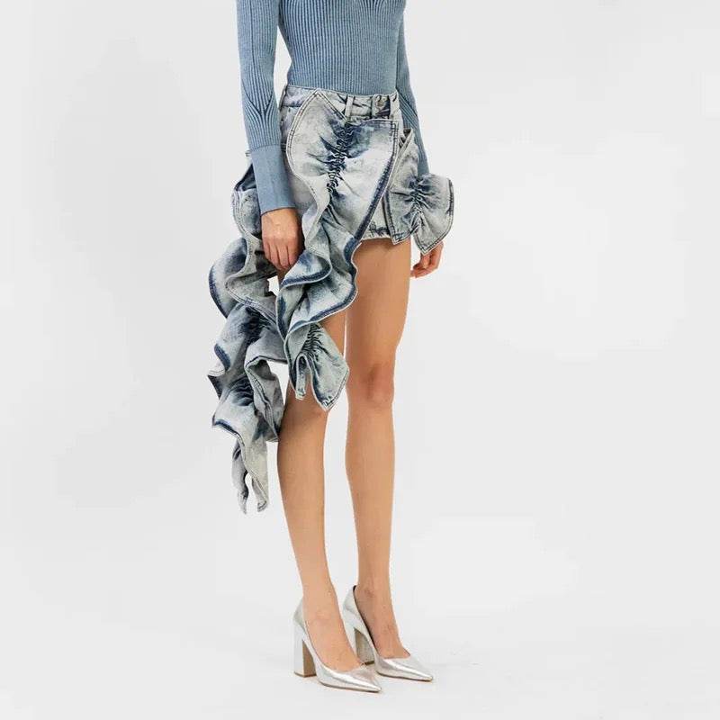 Patchwork Ruched Ruffle Denim Skirt - REBECATHELABEL